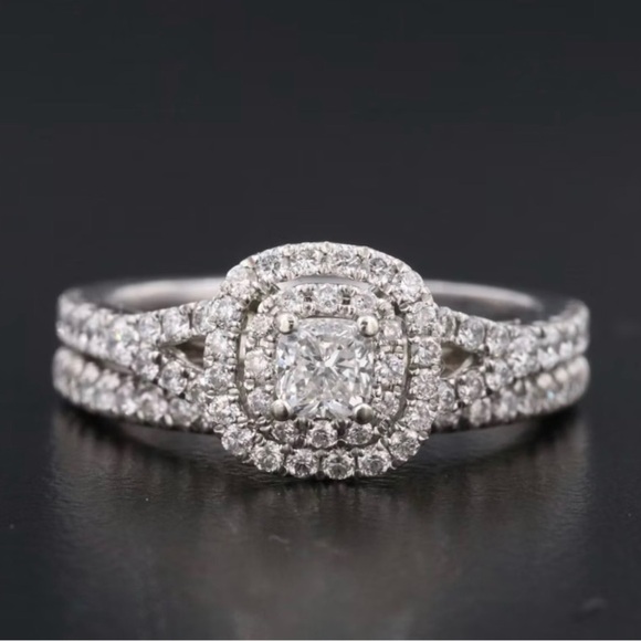 Jewelry - Double Halo Round Real Diamond Wedding Ring in 14k White Gold